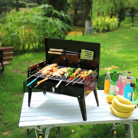 16.7x10x17.7in Portable Charcoal Grill Foldable BBQ Suitcase Grill Shelf For Outdoor Camping Picnics Garden Grilling (Color: Black)