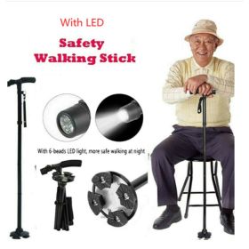 Folding LCD Walking Stick Cane With Flashlight For Senior Aluminium Travel Hiking Cane Trekking Pole Crutch Handle Strap 5 Gears (Color: Black)